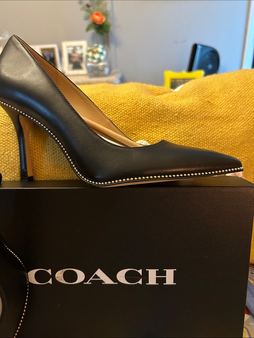 COACH Black Leather Pointed Toe Stiletto Pumps with Stud Trim - Picture 3 of 7